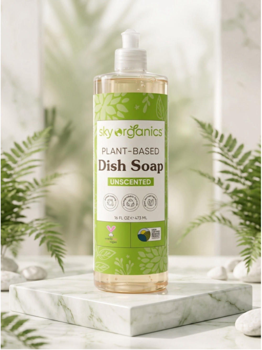 Sky Organics Plant-Based Vegan Unscented Dish Soap, 16 fl oz New